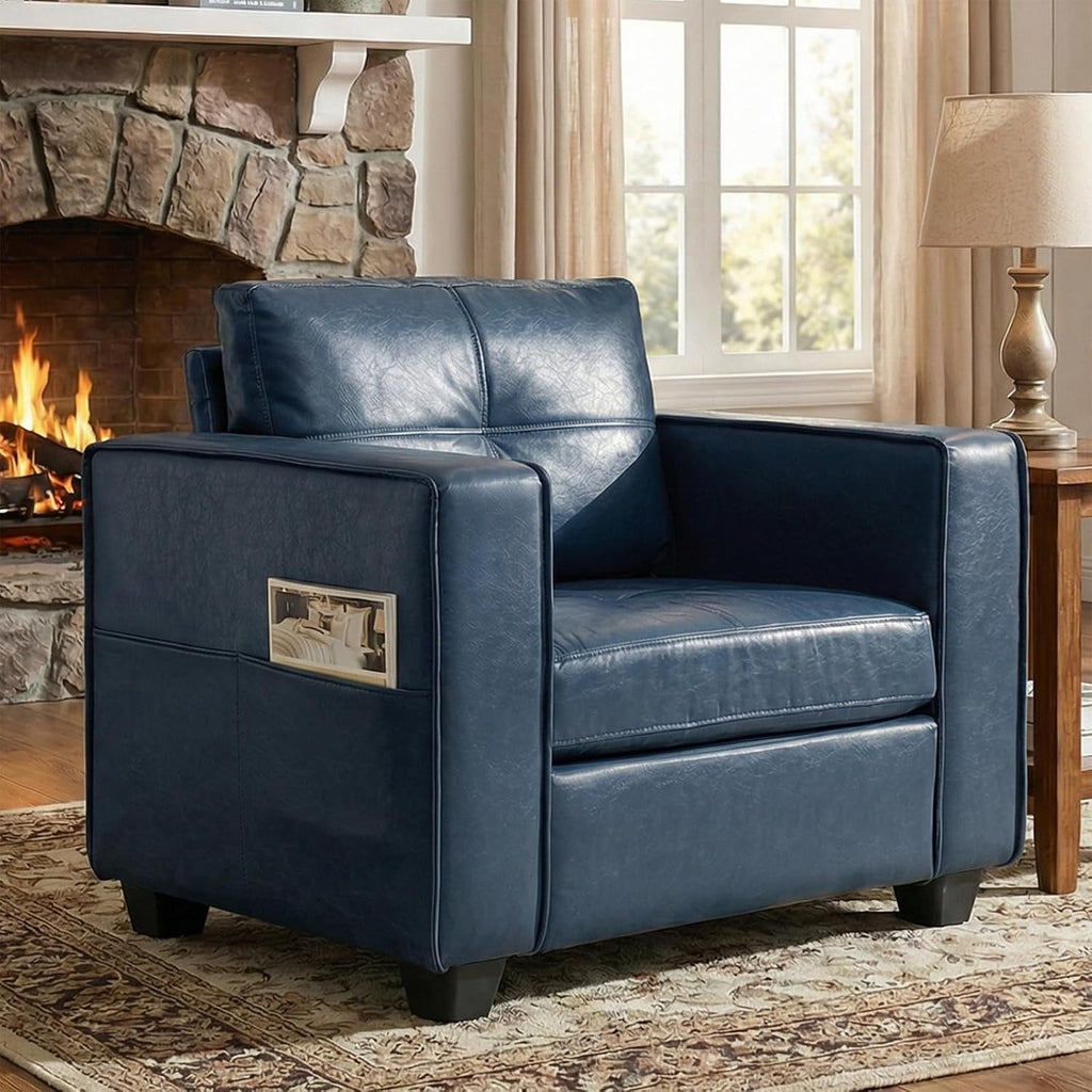LAZZO Mid-Century Modern Tufted Accent Chair, Oversized Comfy Faux Leather Armchair with Wide Arms for Living Room Bedroom Office Lobby, Blue