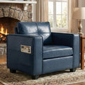 LAZZO Mid-Century Modern Tufted Accent Chair, Oversized Comfy Faux Leather Armchair with Wide Arms for Living Room Bedroom Office Lobby, Blue