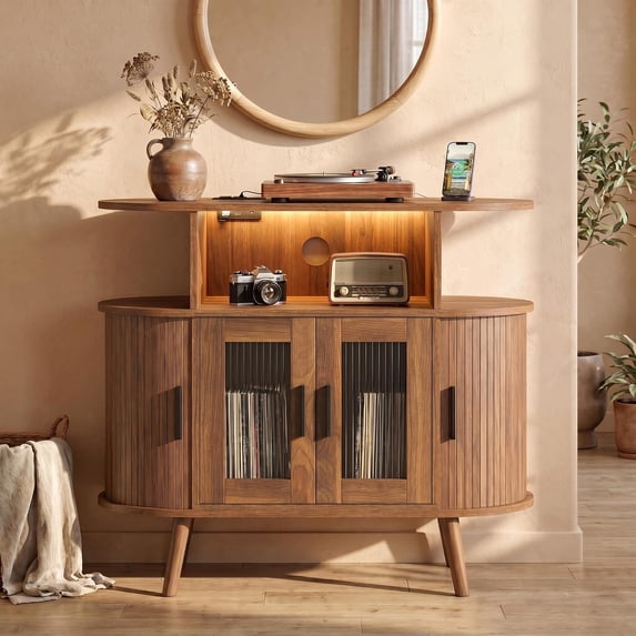 LAZZO Mid Century Record Player Stand with Charging Station, Audio Turntable Stand with USB Ports, Touch LED Light, Wave Glass Door, Walnut