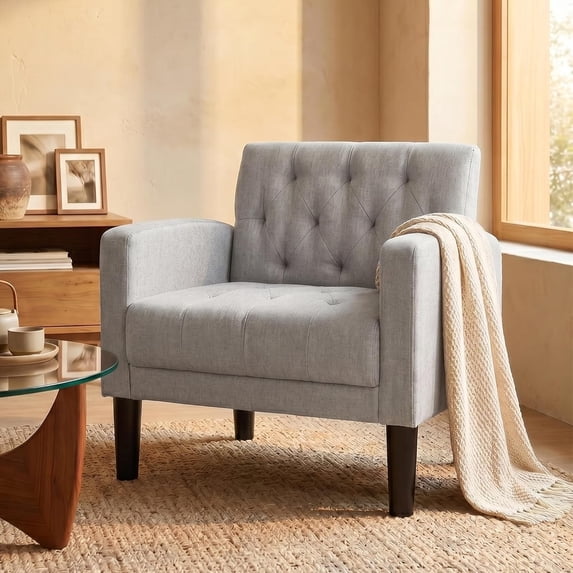 LAZZO Accent Chair, Mid-Century Modern Linen Tufted Armchairs for Living Room and Office, Light Gray