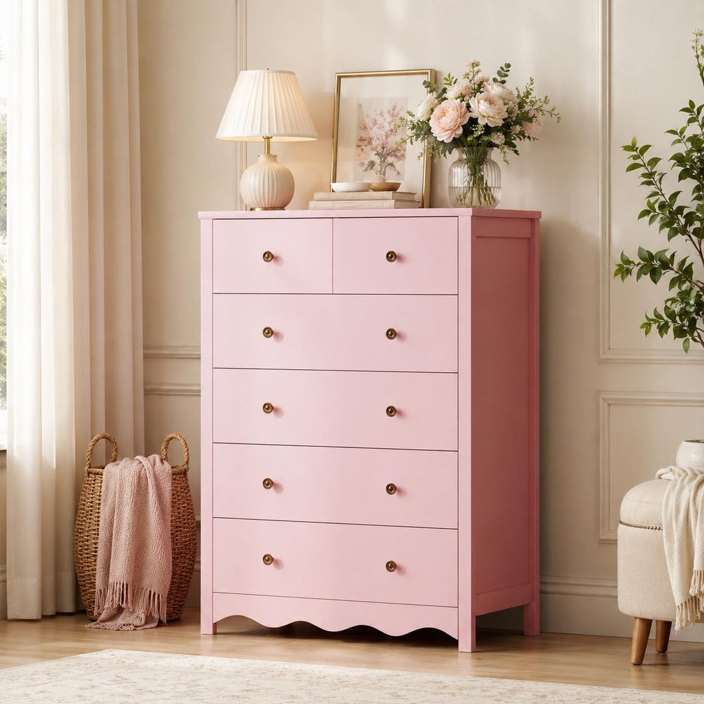 LAZZO 6-Drawer Dresser, 43.3" Tall Wood Chest of Drawers with Metal Handles for Bedroom and Living Room, Pink