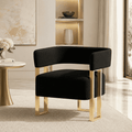 LAZZO Barrel Accent Chair, Mid-Century Modern Teddy Fleece Upholstered Armchair with Gold Metal Legs, Black