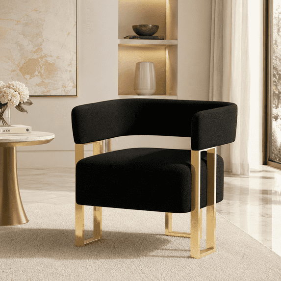 LAZZO Barrel Accent Chair, Mid-Century Modern Teddy Fleece Upholstered Armchair with Gold Metal Legs, Black
