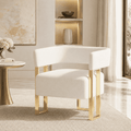 LAZZO Barrel Accent Chair, Mid-Century Modern Teddy Fleece Upholstered Armchair with Gold Metal Legs, White