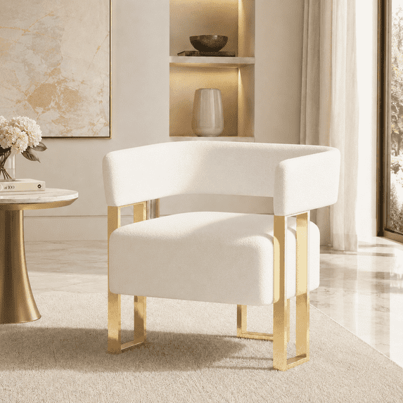 LAZZO Barrel Accent Chair, Mid-Century Modern Teddy Fleece Upholstered Armchair with Gold Metal Legs, White