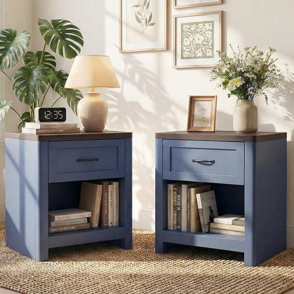 LAZZO Nightstand Set of 2, Farmhouse Wooden Bedside Table with 1 Drawer, Storage End Side Table for Bedroom, Blue