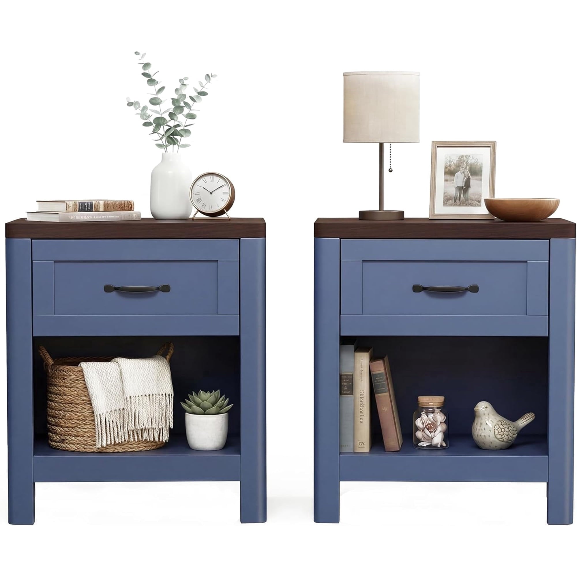LAZZO Set of 2 Nightstands, Blue Small Bedside Table with 1 Drawer and Open Storage Shelf for Bedroom