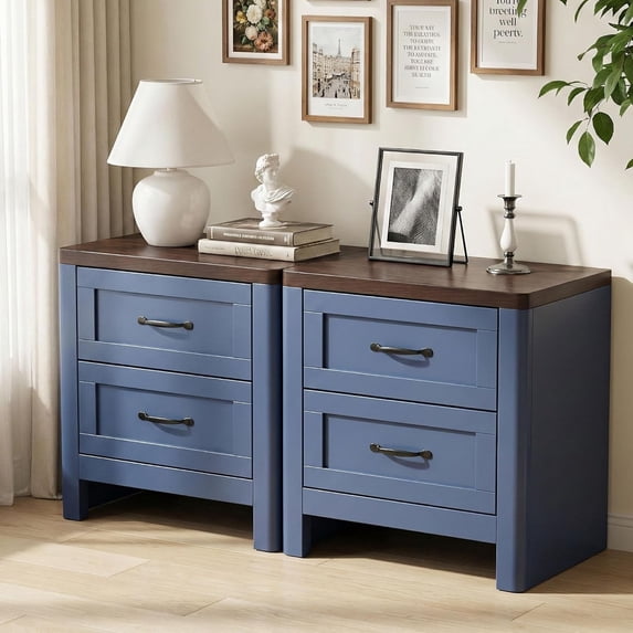 LAZZO Nightstand Set of 2, Farmhouse Wooden Bedside Table with 2 Drawers, Storage End Side Table for Bedroom, Blue