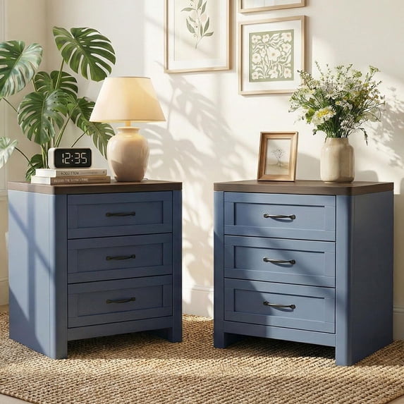 LAZZO Nightstand Set of 2, Farmhouse Wooden Bedside Table with 3 Drawers, Storage End Side Table for Bedroom, Blue