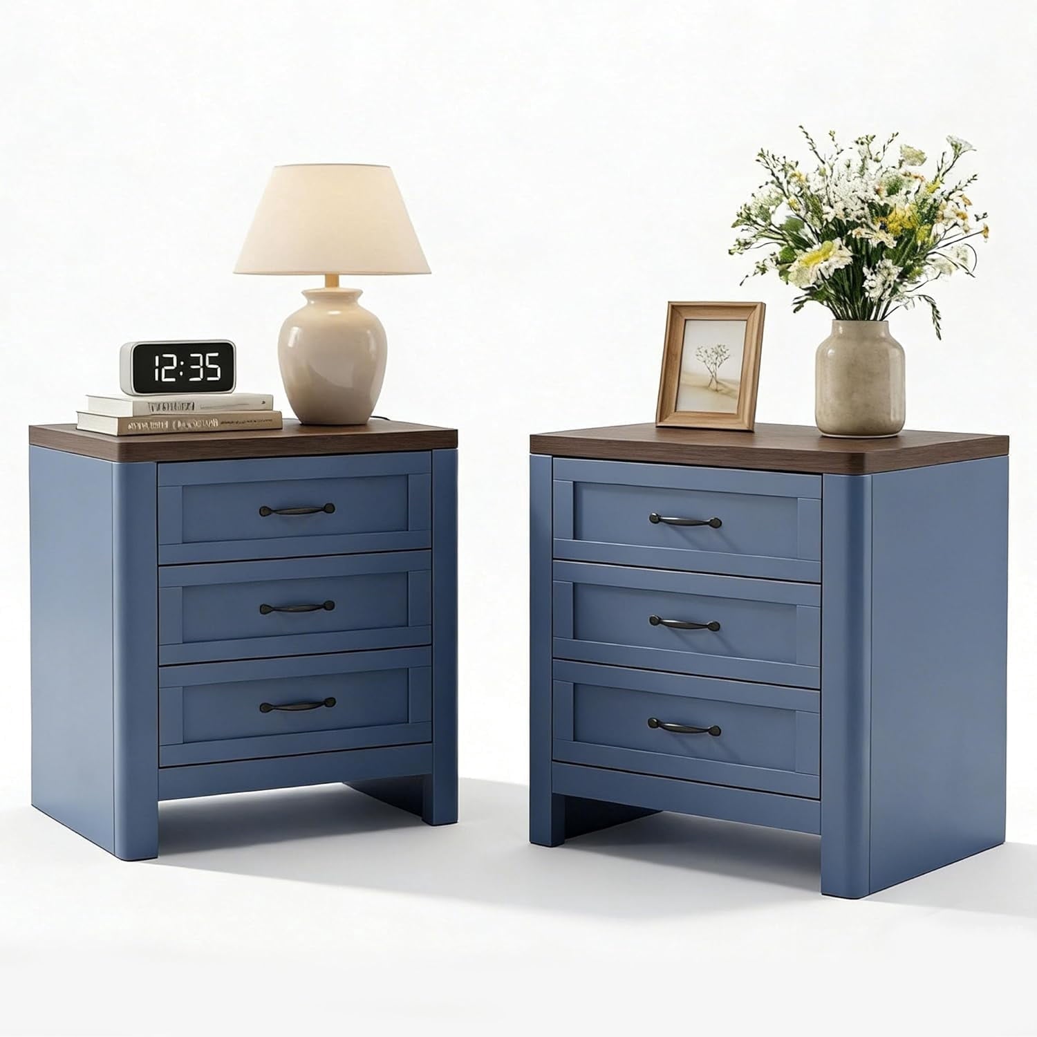 LAZZO Set of 2 Nightstands, Blue Small Bedside Table with 3 Drawers for Bedroom