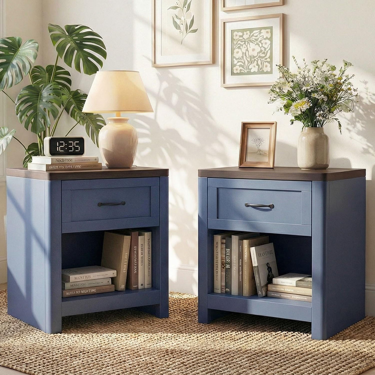 LAZZO Nightstand Set of 2, Farmhouse Wooden Bedside Table with 1 Drawer, Storage End Side Table for Bedroom, Blue