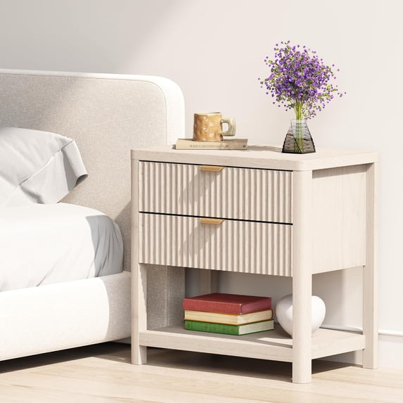 LAZZO Nightstands Set of 2, Modern Wooden Nightstand with 2 Drawers & Open Storage Shelf for Bedroom, Beige