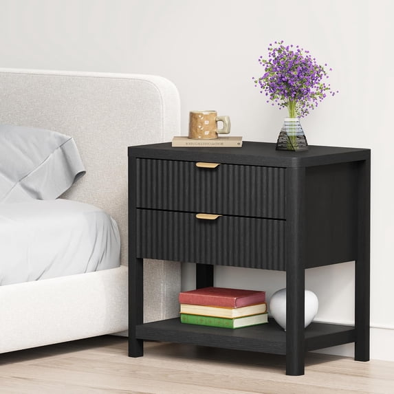 LAZZO Nightstands Set of 2, Modern Wooden Nightstand with 2 Drawers & Open Storage Shelf for Bedroom, Black