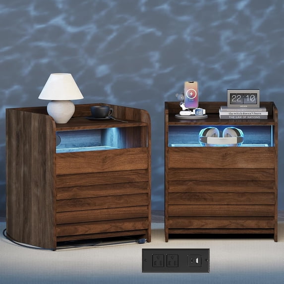 LAZZO Nightstand Set of 2 , Modern 2-Drawer Nightstand with LED Lights and Charging Station for Bedroom, Dark Walnut Finish