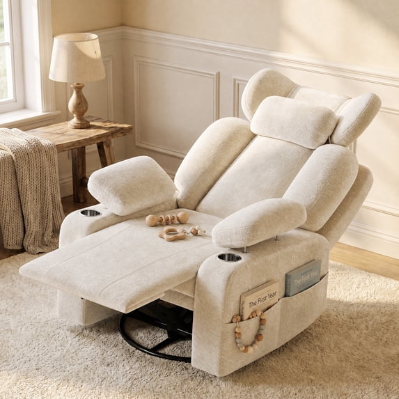 LAZZO Nursery Recliner Chair, 360° Swivel Rocking Glider with Adjustable Headrest, Armrests, Footrest, Cup Holder and Lumbar Pillow, Beige
