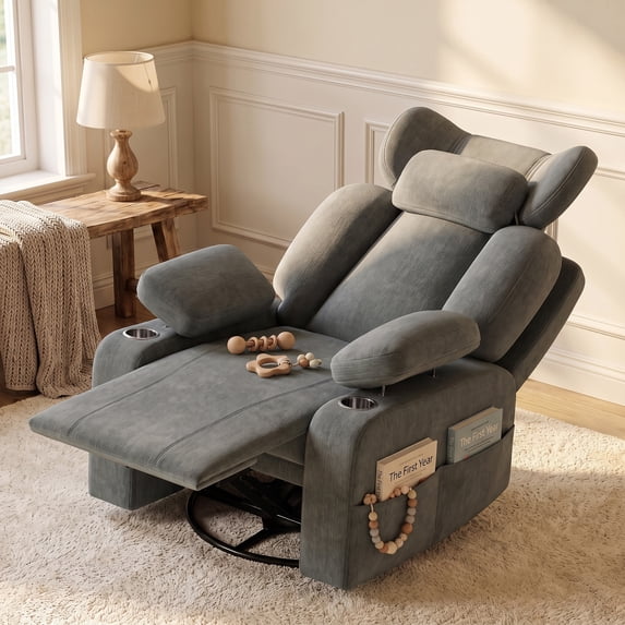 LAZZO Nursery Recliner Chair, 360° Swivel Rocking Glider with Adjustable Headrest, Armrests, Footrest, Cup Holder and Lumbar Pillow, Gray