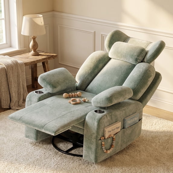LAZZO Nursery Recliner Chair, 360° Swivel Rocking Glider with Adjustable Headrest, Armrests, Footrest, Cup Holder and Lumbar Pillow, Green