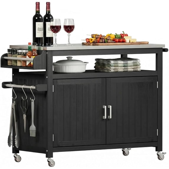 LAZZO Outdoor Grill Cart with Storage Cabinet, 43.3" Kitchen Island Station with Stainless Steel Top, Black