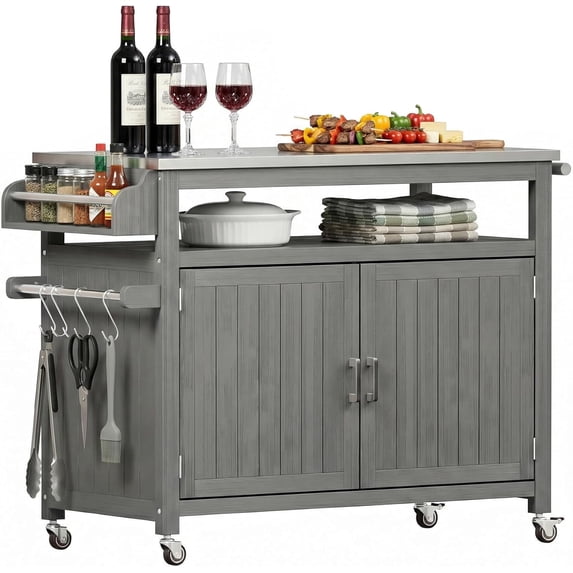 LAZZO Outdoor Grill Cart with Storage Cabinet, 43.3" Kitchen Island Station with Stainless Steel Top, Gray