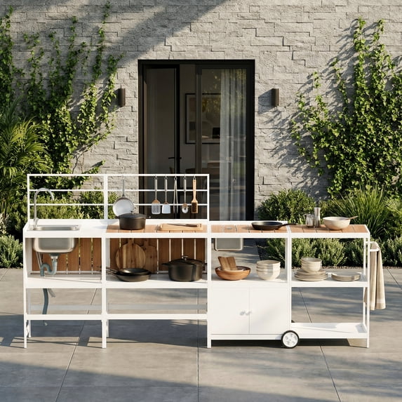 LAZZO Outdoor Kitchen Serving Station with Sink, Modular Aluminum Patio Kitchen Set with Grill Cart, Ice Box and Large Countertop, White