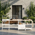 LAZZO Outdoor Kitchen Serving Station with Sink, Modular Aluminum Patio Kitchen Set with Grill Cart, Ice Box and Large Countertop, White