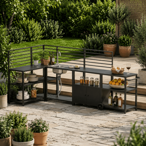 LAZZO Outdoor Modular Kitchen Island Grill Cart, Metal BBQ Prep Table with Storage Cabinet, Steel Sink, Faucet and Drainage System, Black