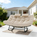 LAZZO Outdoor Rocking Papasan Chair with Headrests, 2-Person Oversized Loveseat Rocker with Soft Cushion for Garden & Balcony, Beige