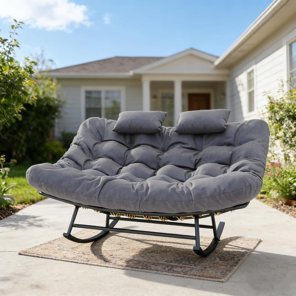 LAZZO Outdoor Rocking Papasan Chair with Headrests, 2-Person Oversized Loveseat Rocker with Soft Cushion for Garden & Balcony, Gray