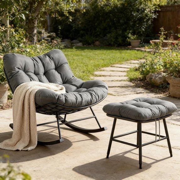 LAZZO Outdoor Rocking Chair with Ottoman, Patio Rocker with Soft Cushion for Garden & Balcony, Gray
