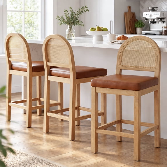 LAZZO Rattan Bar Stools Set of 3, Wooden Counter Height Stools with Rattan Woven Back and Chenille Seat for Dining Room, Brown