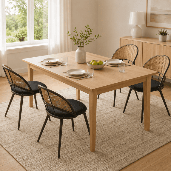LAZZO Rattan Dining Chairs Set of 4, Mid-Century Modern Kitchen Chairs with Faux Leather Cushions and Metal Legs for Dining Room, Black