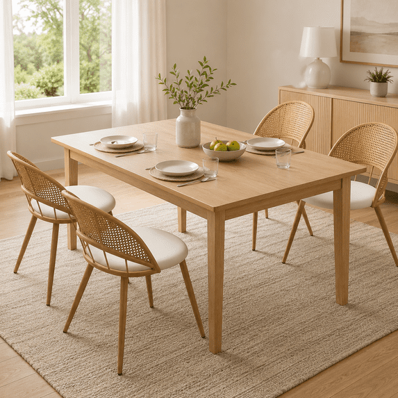 LAZZO Rattan Dining Chairs Set of 4, Mid-Century Modern Kitchen Chairs with Faux Leather Cushions and Metal Legs for Dining Room, White