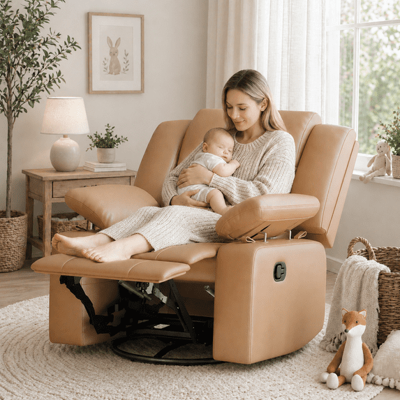 LAZZO Recliner Chair with Adjustable Armrest and Headrest, Upholstered Swivel Rocking Chair for Nursery & Living Room, Brown