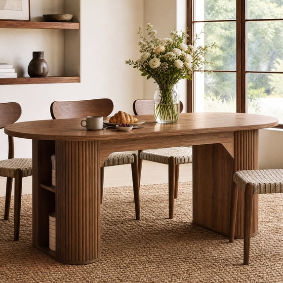 LAZZO Round Extendable Dining Table, 63"-79" Oval Wooden Kitchen Table for 4-6, Walnut