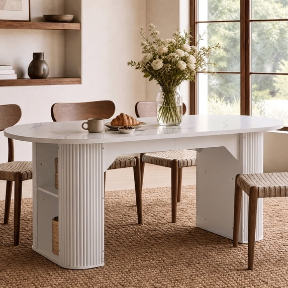 LAZZO Round Extendable Dining Table, 63"-79" Oval Wooden Kitchen Table for 4-6, White