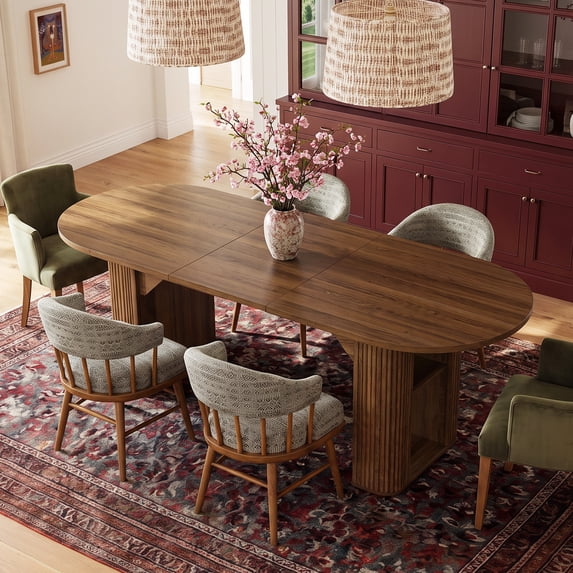 LAZZO Round Extendable Dining Table, 71"-87" Oval Wooden Kitchen Table for 4-8, Walnut