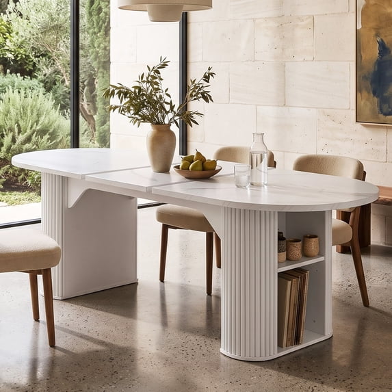 LAZZO Round Extendable Dining Table, 71"-87" Oval Wooden Kitchen Table for 4-8, White