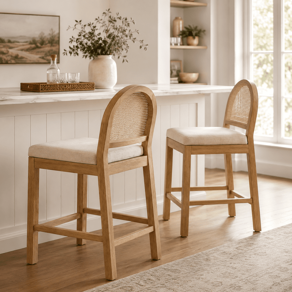 LAZZO Rattan Bar Stools Set of 2, Wooden Counter Height Stools with Rattan Woven Back and Chenille Seat for Dining Room, Beige