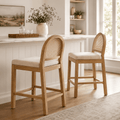 LAZZO Rattan Bar Stools Set of 2, Wooden Counter Height Stools with Rattan Woven Back and Chenille Seat for Dining Room, Beige
