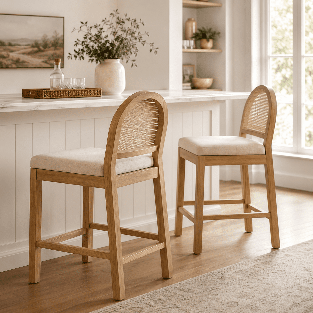 LAZZO Rattan Bar Stools Set of 2, Wooden Counter Height Stools with Rattan Woven Back and Chenille Seat for Dining Room, Beige