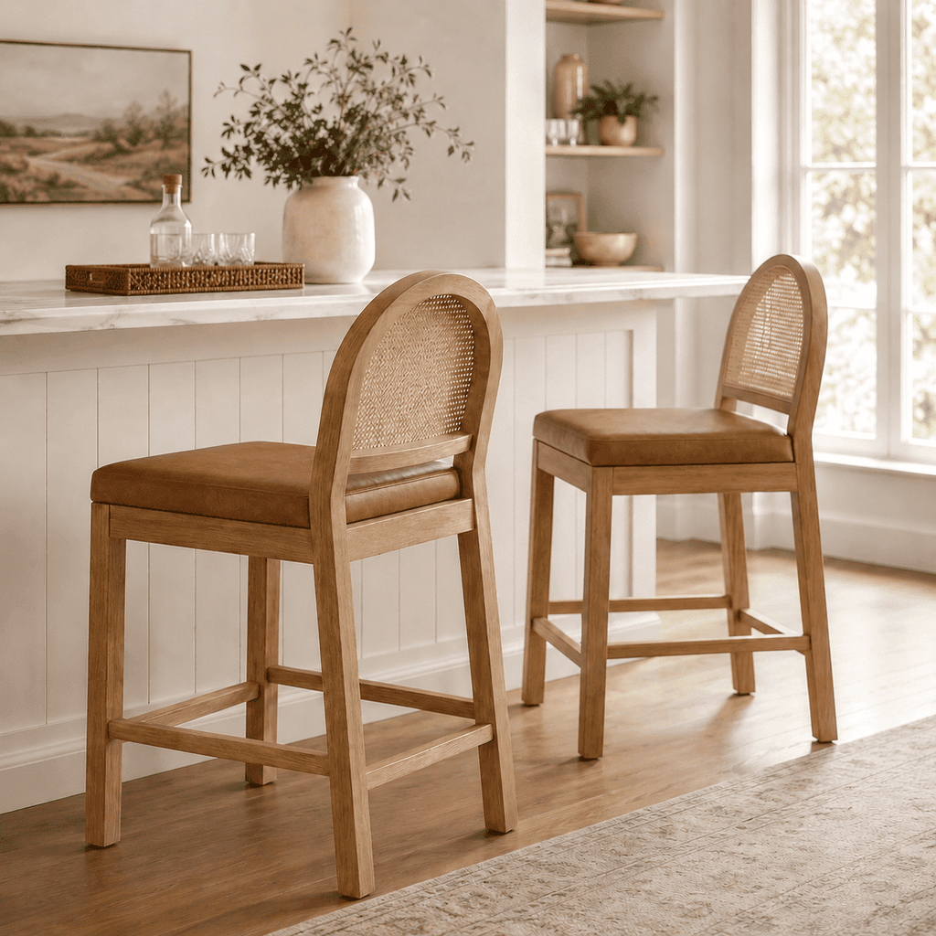 LAZZO Rattan Bar Stools Set of 2, Wooden Counter Height Stools with Rattan Woven Back and Chenille Seat for Dining Room, Brown