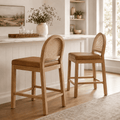 LAZZO Rattan Bar Stools Set of 2, Wooden Counter Height Stools with Rattan Woven Back and Chenille Seat for Dining Room, Brown