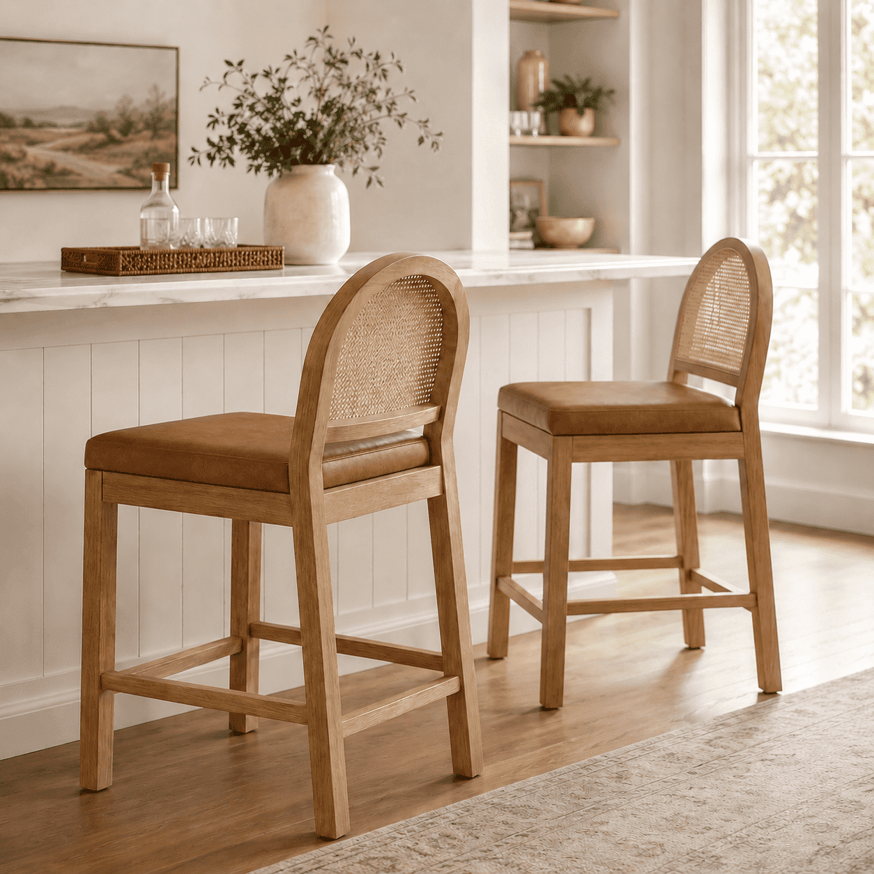LAZZO Rattan Bar Stools Set of 2, Wooden Counter Height Stools with Rattan Woven Back and Chenille Seat for Dining Room, Brown
