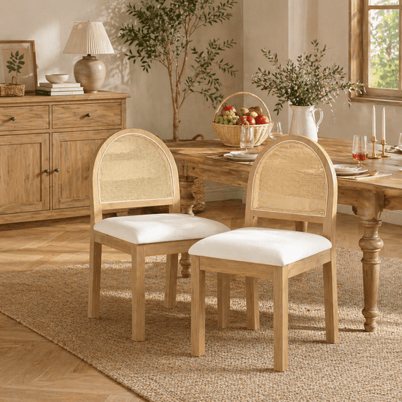 LAZZO Dining Chairs Set of 2, Farmhouse Upholstered Rattan Chairs with Chenille Seat for Kitchen Dining Room, Natural Wood