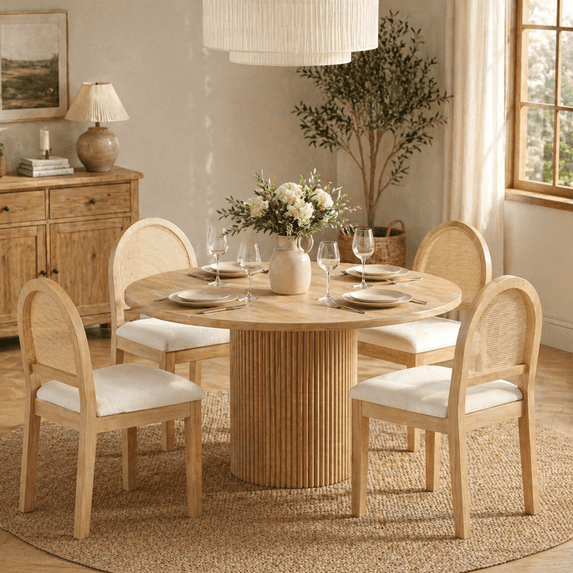 LAZZO Dining Chairs Set of 4, Farmhouse Upholstered Rattan Chairs with Chenille Seat for Kitchen Dining Room, Natural Wood