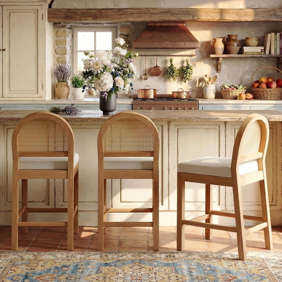 LAZZO Rattan Bar Stools Set of 3, Wooden Counter Height Stools with Rattan Woven Back and Chenille Seat for Dining Room, Beige