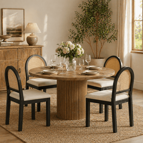 LAZZO Dining Chairs Set of 4, Farmhouse Upholstered Rattan Chairs with Chenille Seat for Kitchen Dining Room, Black