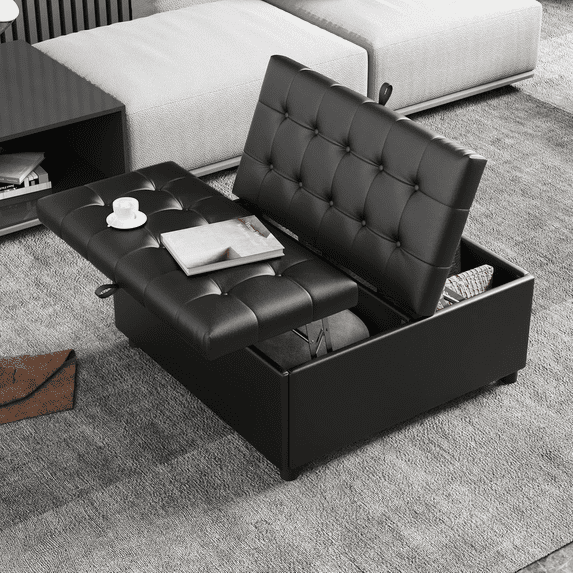 LAZZO Storage Ottoman, 35.5" Lift Top Tufted Leather Foot Stool with Hidden Storage for Living Room, Black