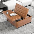 LAZZO Storage Ottoman, 35.5" Lift Top Tufted Leather Foot Stool with Hidden Storage for Living Room, Brown