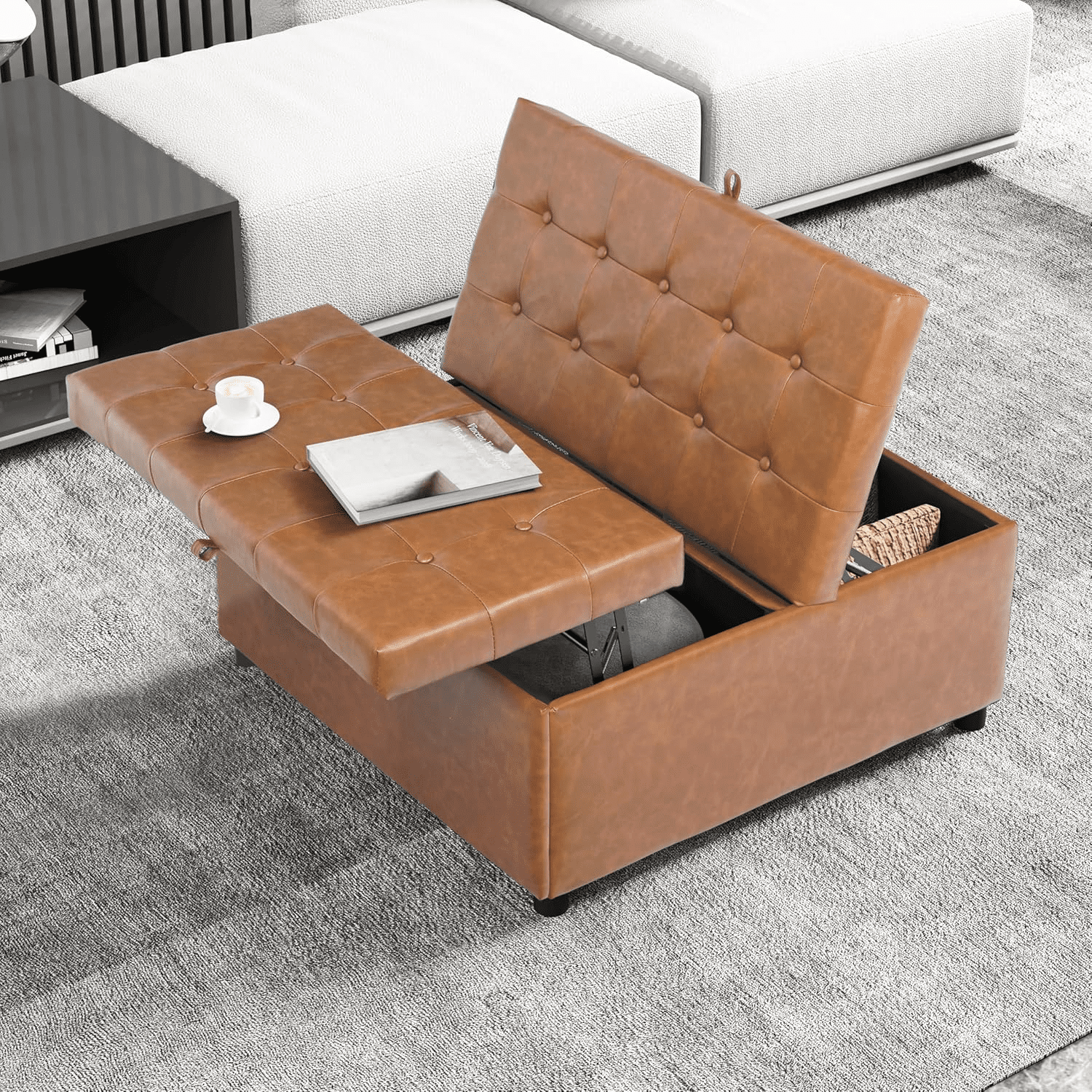 LAZZO Storage Ottoman, 35.5" Lift Top Tufted Leather Foot Stool with Hidden Storage for Living Room, Brown